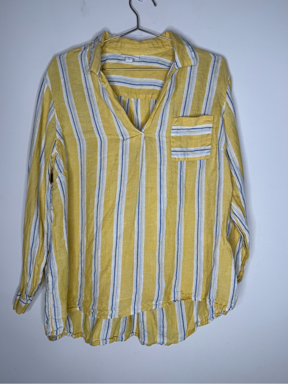 J Jill XL Petite Love Linen Long Sleeve V Neck Yellow Blue White Stripe Top